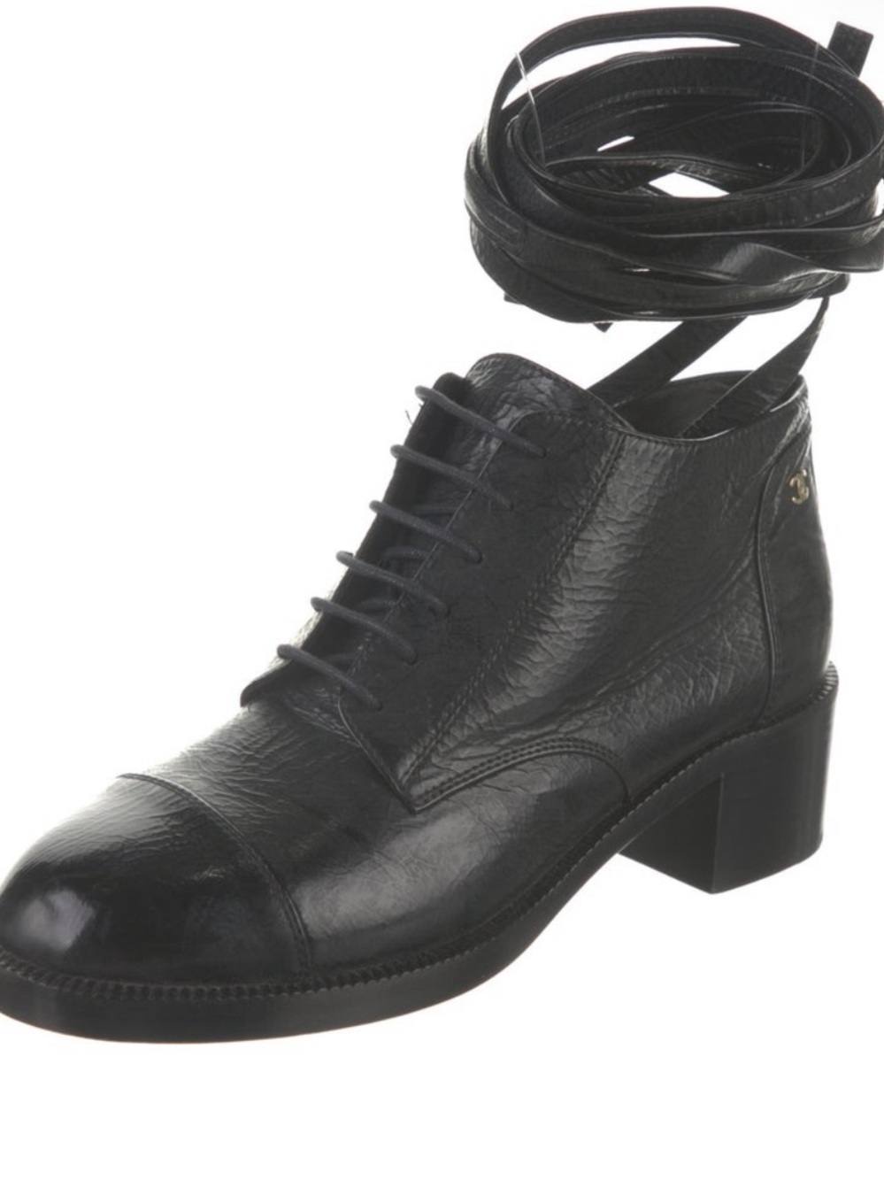CHANEL Black Leather Lace-Up Ankle Boots with Wrap Laces